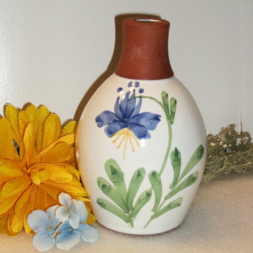 Vintage Emerson Creek Pottery Floral Vase Handpainted Blue Purple Iris 6.5